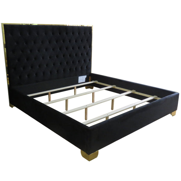 Worldwide Home Furnishings Lucille-78'' Bed - Luxurious Velvet Upholstered Design With Stylish Button Tufting & Metal Legs Black,Gold Velvet,Metal 101-596k-bk_Gl