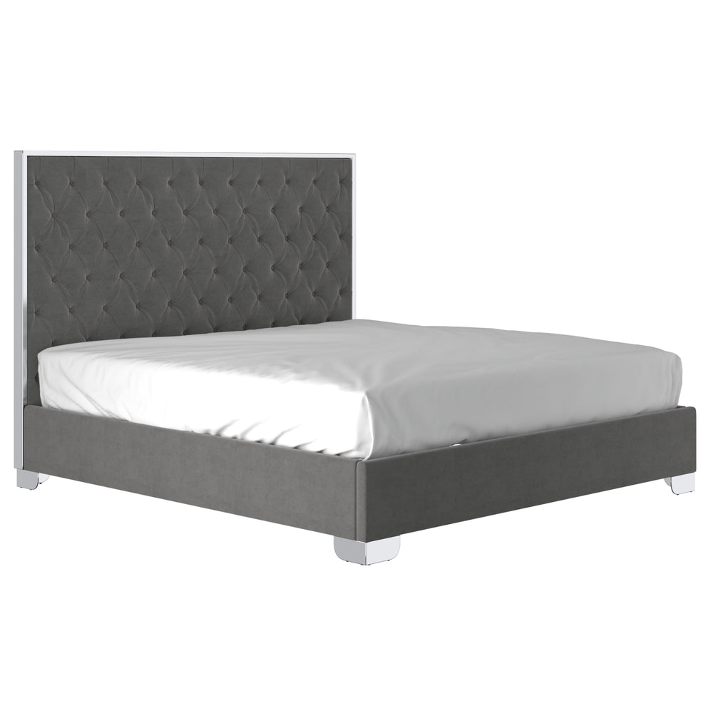 Worldwide Home Furnishings Lucille-78'' Bed - Luxurious Velvet Upholstered Design With Stylish Button Tufting & Metal Legs Grey,Silver Velvet,Metal 101-596k-gy_Ch