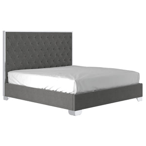 Worldwide Home Furnishings Lucille-78'' Bed - Luxurious Velvet Upholstered Design With Stylish Button Tufting & Metal Legs Grey,Silver Velvet,Metal 101-596k-gy_Ch