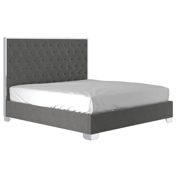 Worldwide Home Furnishings Lucille-78'' Bed - Luxurious Velvet Upholstered Design With Stylish Button Tufting & Metal Legs Grey,Silver Velvet,Metal 101-596k-gy_Ch