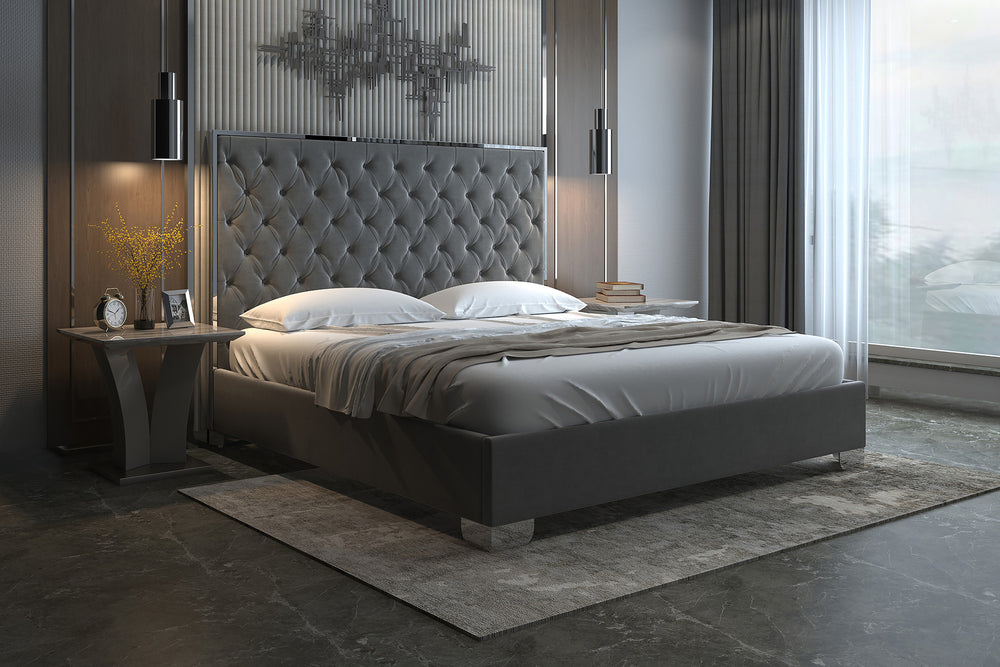 Worldwide Home Furnishings Lucille-78'' Bed - Luxurious Velvet Upholstered Design With Stylish Button Tufting & Metal Legs Grey,Silver Velvet,Metal 101-596k-gy_Ch