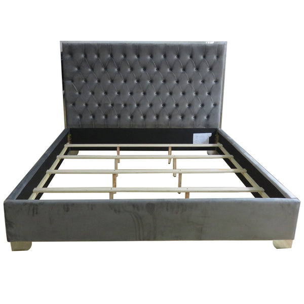 Worldwide Home Furnishings Lucille-78'' Bed - Luxurious Velvet Upholstered Design With Stylish Button Tufting & Metal Legs Grey,Silver Velvet,Metal 101-596k-gy_Ch