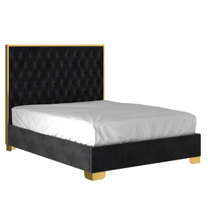 Worldwide Home Furnishings Lucille-60'' Bed: Luxurious Velvet Upholstered Design With Polished Stainless Steel Legs For Style Black,Gold Velvet,Metal 101-596q-bk_Gl
