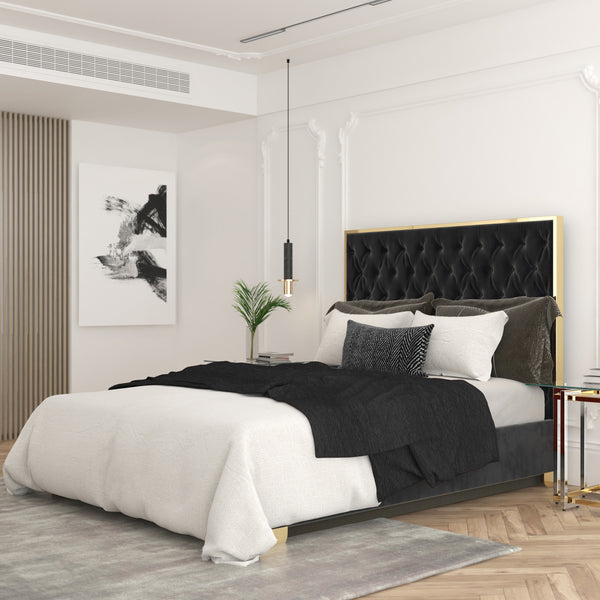 Worldwide Home Furnishings Lucille-60'' Bed: Luxurious Velvet Upholstered Design With Polished Stainless Steel Legs For Style Black,Gold Velvet,Metal 101-596q-bk_Gl