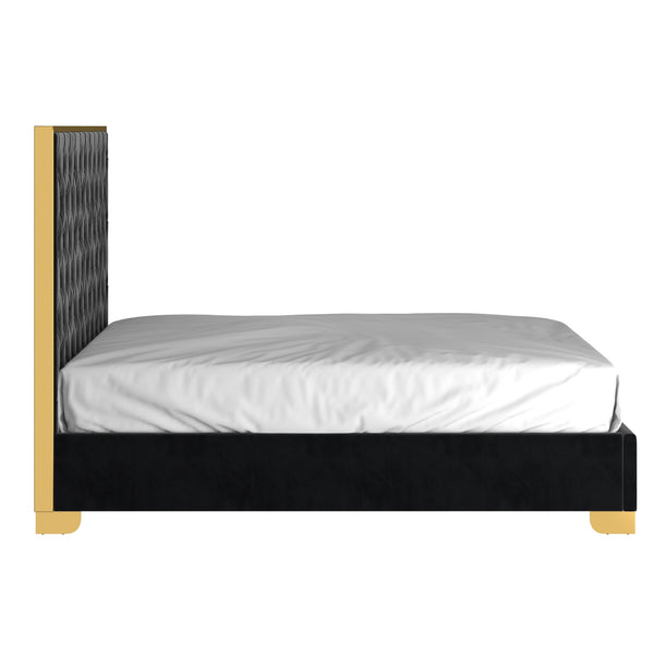 Worldwide Home Furnishings Lucille-60'' Bed: Luxurious Velvet Upholstered Design With Polished Stainless Steel Legs For Style Black,Gold Velvet,Metal 101-596q-bk_Gl