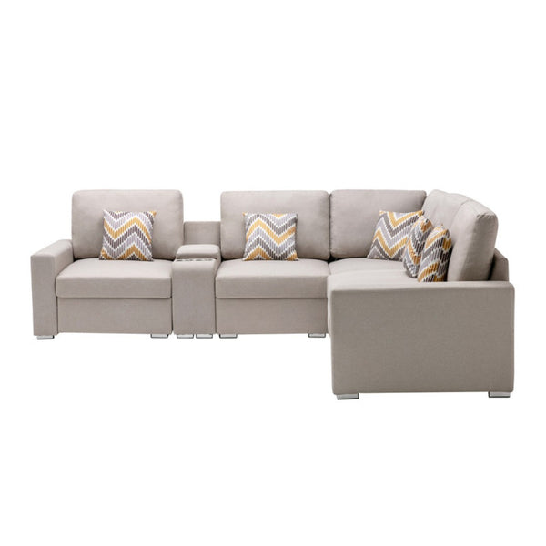 English Elm Nereo Six Piece Modular Sectional Linen Sofa with Built in Charging Console B2749S00125