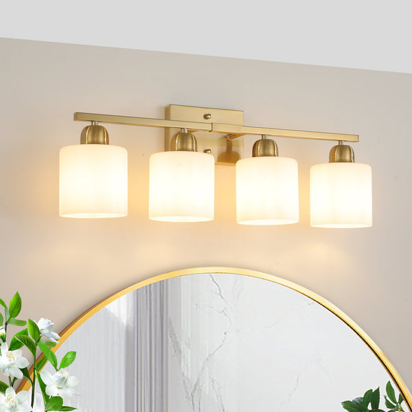 English Elm Gold 4-Light Modern Vanity Light Fixture - Elegant Wall Sconce With Frosted Glass Shades For Bathroom W2312P374856