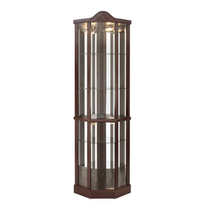 English Elm Glass Corner Curio Cabinet Lighted Dark Wood Display with Carved Crown Floral Detail Cherry W2275P292645