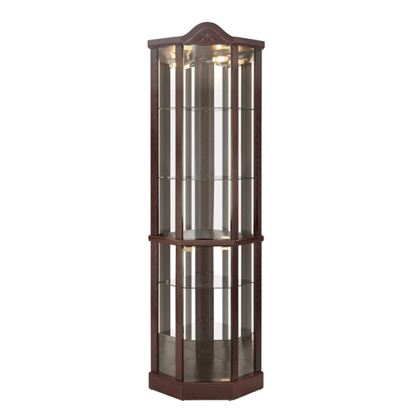 English Elm Glass Corner Curio Cabinet Lighted Dark Wood Display with Carved Crown Floral Detail Cherry W2275P292645