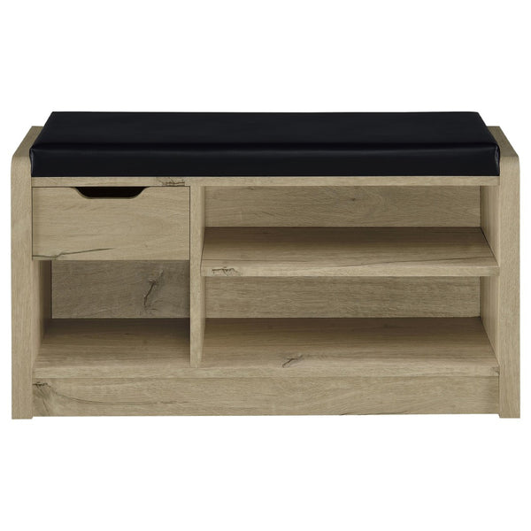 English Elm Astor Smoked Finish Entryway Bench with Drawer Open Shelving and Faux Leather Seat White Oak B062P440254