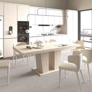 English Elm Rectangular extendable dining table with veined travertine top, beige MDF, sturdy wide feet, 6-10 seats W1347S00018