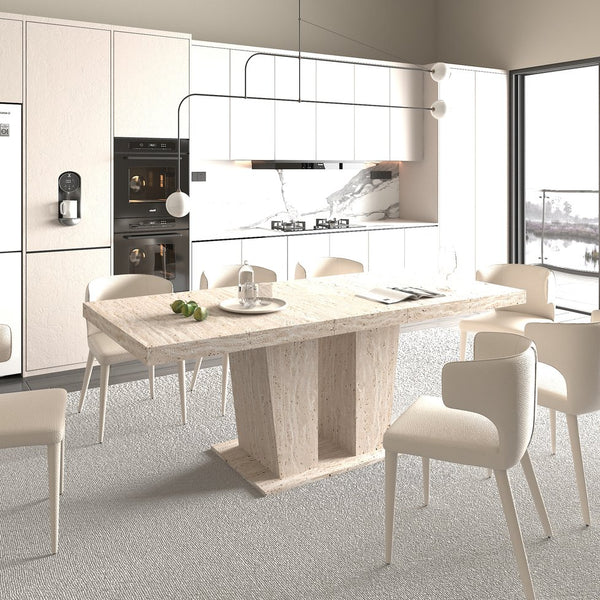 English Elm Rectangular extendable dining table with veined travertine top, beige MDF, sturdy wide feet, 6-10 seats W1347S00018