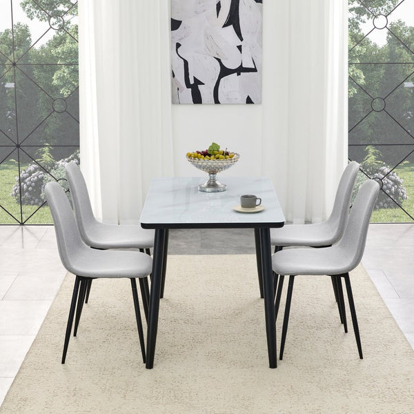 English Elm Table and Chair Set Modern Marble Glass Top with Gray Linen Seats for Dining Room W1151S04657