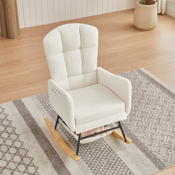 English Elm Beige Plush Teddy Fabric Rocking Chair High Back Armchair for Nursery or Reading Nook Beige W3985P386790