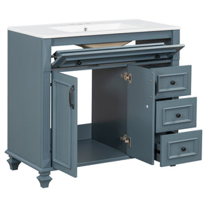 English Elm 36" Modern Bathroom Vanity with Ceramic Sink, Gold Handles, Flip-Out Drawer & Soft-Close Doors Blue Gray N725P283623C