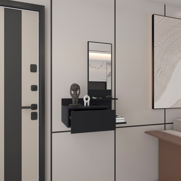 English Elm Floating Hallway Cabinet with Mirror and Drawer, 3 Open Shelves, Space-Saving Modern Entryway Storage Black 31.5 L x 18.11 W x 5.91 H B097P250897