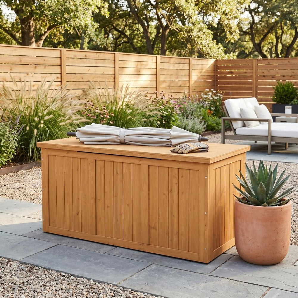 English Elm 67 Gallon Solid Wood Outdoor Deck Box with Hinged Lid Doubles as Patio Bench Seat W2640P327217