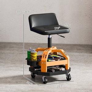 English Elm Adjustable Rolling Garage Stool with Lumbar Support Dual Storage Trays and Swivel Casters T3971P412514