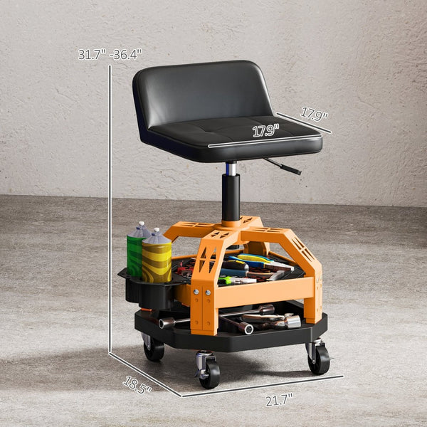 English Elm Adjustable Rolling Garage Stool with Lumbar Support Dual Storage Trays and Swivel Casters T3971P412514