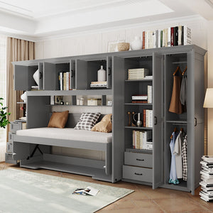 English Elm Twin Murphy Wall Bed with Integrated Desk Wardrobe and Storage Cabinet in White LP000767AAE