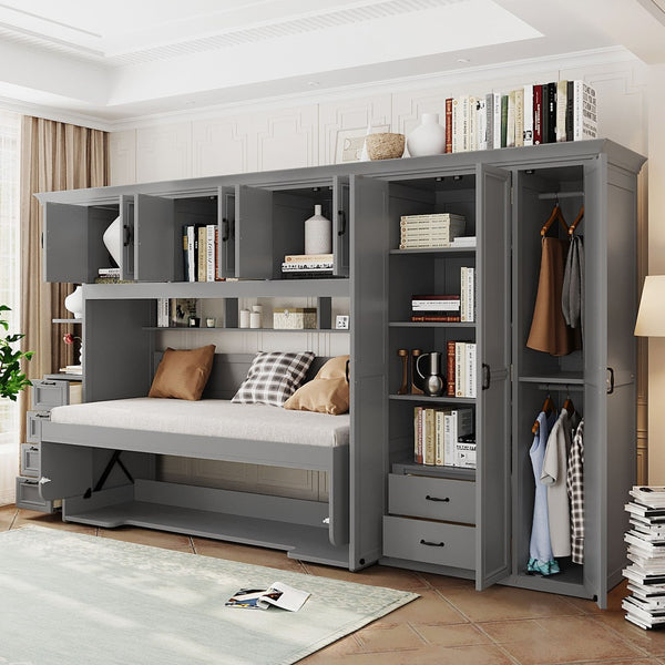 English Elm Twin Murphy Wall Bed with Integrated Desk Wardrobe and Storage Cabinet in White LP000767AAE
