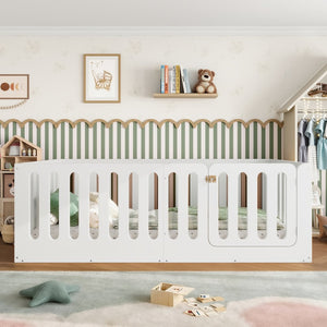 English Elm Twin Solid Pine Montessori Floor Bed with House Frame Door and Safety Fence Light White W5305P420632