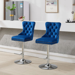 English Elm Thick Velvet Swivel Barstools Adjustable 25-33" Height with 17.7" Chrome Base, Tufted Diamond Pleat Elegance Blue W1143P335044