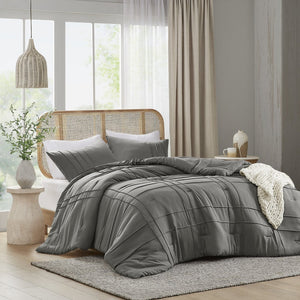 English Elm 3-piece Cal King Pintuck Pleated Microfiber Comforter Set Soft Washed Tailored Bedding Grey B035P463228