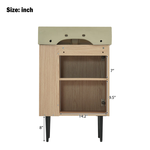English Elm 21.6" Wood Bathroom Vanity with Ceramic Sink, Right Side Storage, Gold Legs, Soft-Close Doors, Modern SV000006AAD