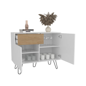 English Elm Tori 39" Console Table with Dual Cabinets, Drawer & Shelves — White & Natural Oak, Modern Storage Elegance B200P335294