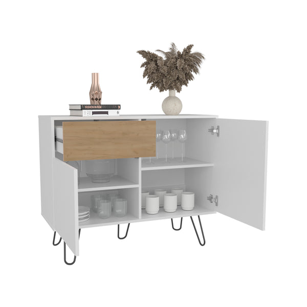 English Elm Tori 39" Console Table with Dual Cabinets, Drawer & Shelves — White & Natural Oak, Modern Storage Elegance B200P335294