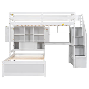 English Elm Twin Over Twin Loft Bed with Built-In Desk, Stairs, Shelving and Storage Headboard for Space-Saving Rooms White GX000465AAK