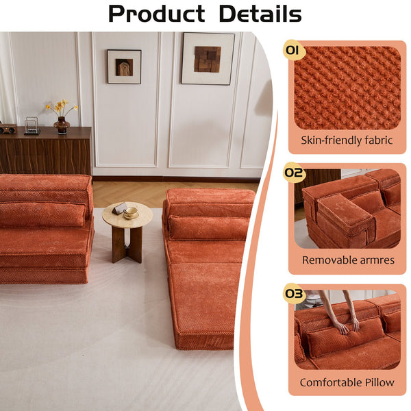 English Elm Compression Oversized Modular Sofa Bed - Versatile Floor Seating With Memory Foam & Pillows, Orange W3723S00046