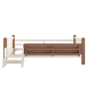 English Elm Twin Pine Floor Bed for Kids with Side Bookcases Built-in Stairs and Safety Guardrails Beige W1580P390214