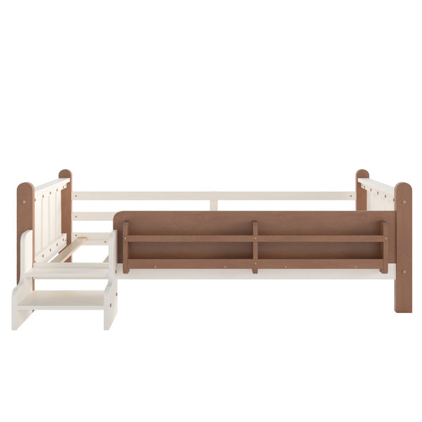 English Elm Twin Pine Floor Bed for Kids with Side Bookcases Built-in Stairs and Safety Guardrails Beige W1580P390214