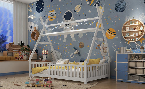 English Elm Twin House Bed with Roof and Guardrails, Low Floor Kids Playhouse Bed with Tent and Lights, Cozy Design White 80.91 L x 15.55 W x 6.5 H W2593P296909