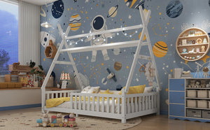English Elm Twin Montessori Floor Bed House Frame with Led Lighting and Safety Rails for Kids White W2593P440571