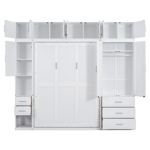 English Elm Full Full Size Murphy Bed with Lockers & Wardrobes in White — Space-Saving Foldaway Cabinet, Shelves, Drawers, Installation Video Included GX000392AAK