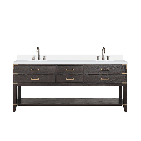 English Elm Brown Oak Double Bath Vanity 80" W With Cultured Marble Top & Faucet Set - Elegant Storage Solution B2731P260336