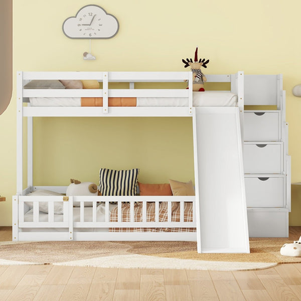 English Elm Twin Over Full Bunk Bed With Slide & Storage Staircase - Stylish Pine Bed With Safety Guardrails, White W504S00185-GIGA