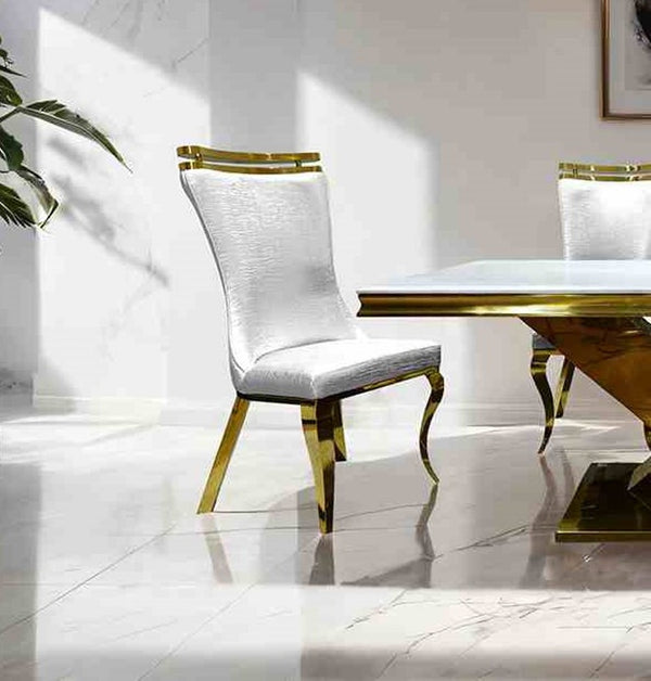 English Elm White Modern Upholstered Side Chair with Gold Legs, Tiger Print Accent, Comfortable Dining Seating White 38 L x 27 W x 22 H B2741S00725