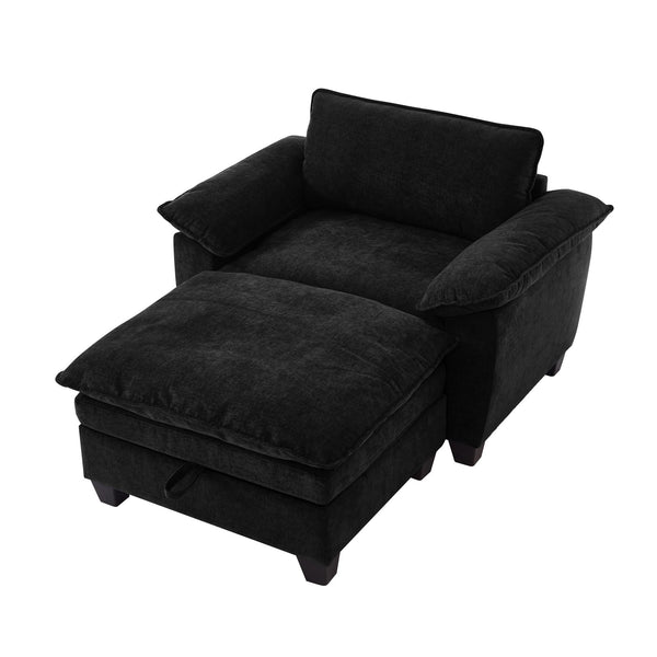 English Elm 51" Oversize Chaise Lounge Chair with Ottoman and Hidden Storage Upholstered in Soft Chenille Comfort Black W1097S00151