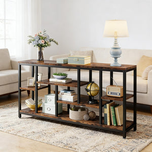English Elm Coffee Console Table Industrial Metal Frame Vintage Wood Grain 2 Tier Entryway Sofa T3971P449857