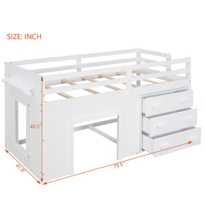 English Elm Twin Low Loft Bed with Storage Drawers Cabinet and Shelf in Espresso Wood White LP001501AAK-1