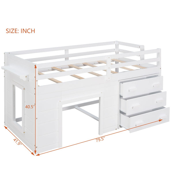 English Elm Twin Low Loft Bed with Storage Drawers Cabinet and Shelf in Espresso Wood White LP001501AAK-1