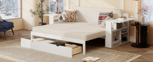 English Elm Queen Daybed with Hydraulic Desk Storage Drawers and Convertible Sofa for Small Spaces White LT000272AAK