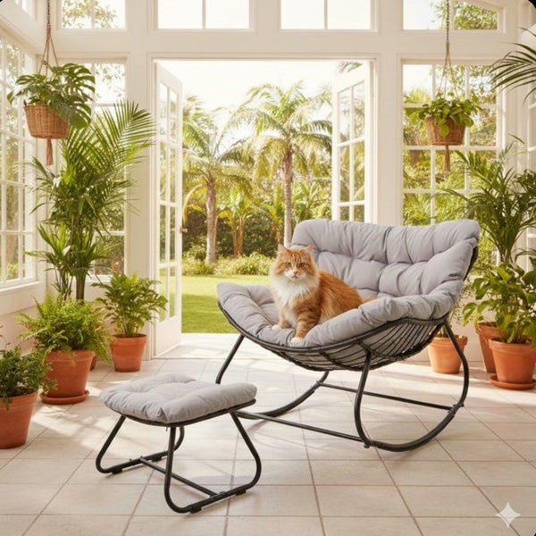 English Elm Dark Wicker Egg Rocking Chair with Ottoman Outdoor Pe Woven Patio Lounge Set Light Gray B082P455171