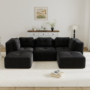 English Elm Modern Corduroy U-shaped Sectional with Tufted Cushions Deep Seat and Movable Ottomans Black W714S01791