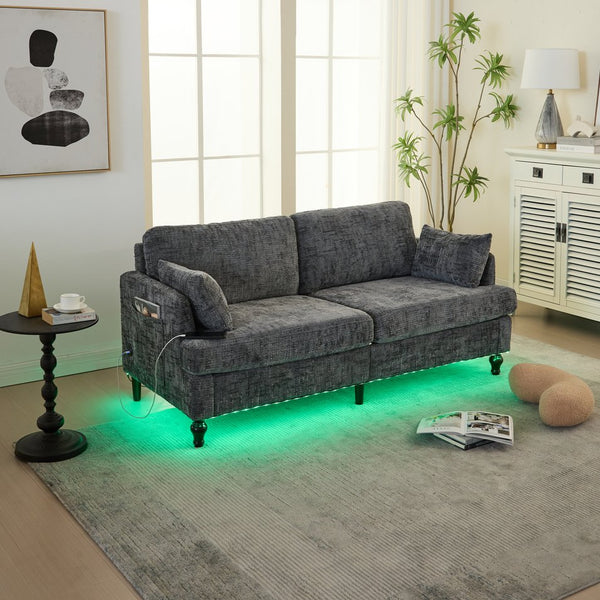 English Elm Modern chenille 2-seater sofa with LED, USB charging, storage pocket, solid wood legs, durable comfort Gray W395P318544