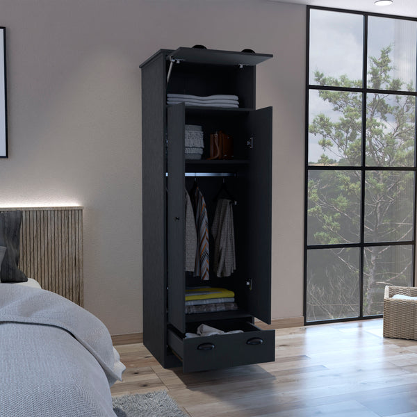 English Elm Falkland Armoire with Spacious Double-Door Closet, Upper Hinged Accessory Drawer and Sleek Handles Black 73 L x 24 W x 3 H B070S00233